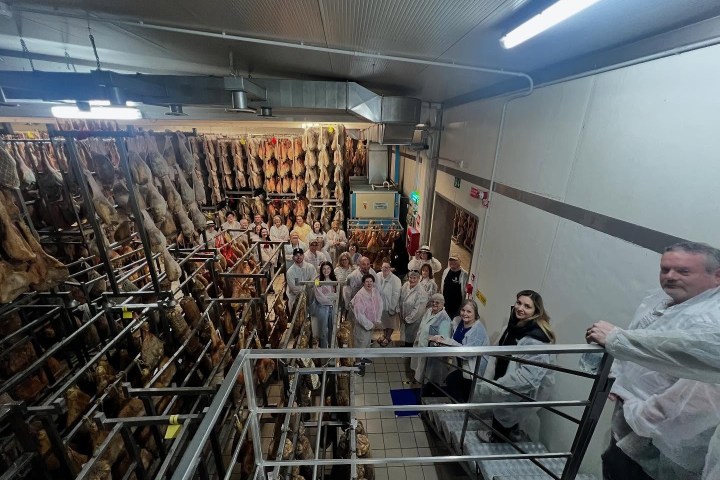 Group of people in white coats surrounded by hanging cured meats in a storage room.