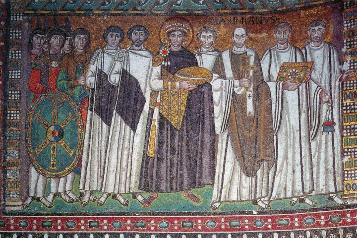 Mosaic of a group of men in robes, one holding a gold plate, in a Byzantine style artwork.
