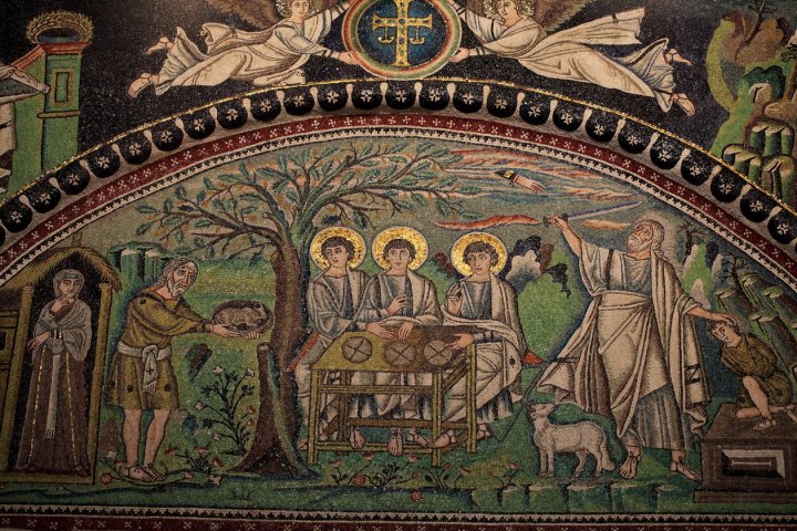 Colorful mosaic depicting biblical scene with three seated figures, surrounded by people, tree, and a lamb.
